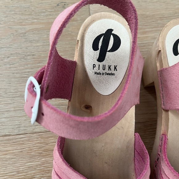 Piukk Swedish Sandals Pink Leather Wooden Clogs EU 37/ US 6,5 Made In Sweden - Picture 5 of 6